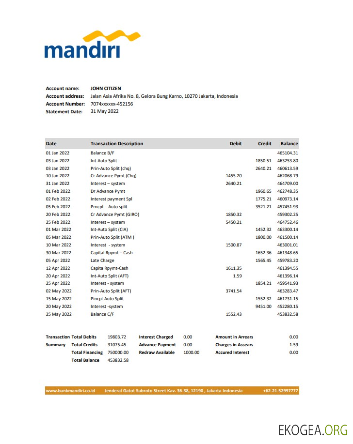 Relevé bancaire indonésien Mandiri xls